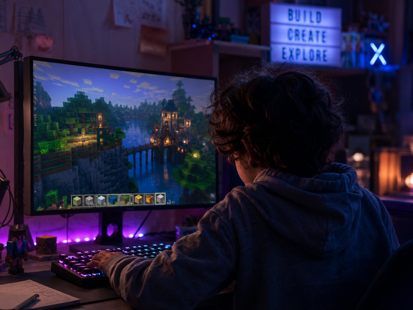 Person playing a video game on a computer in a dimly lit room with a sign that says 'Build Create Explore'.