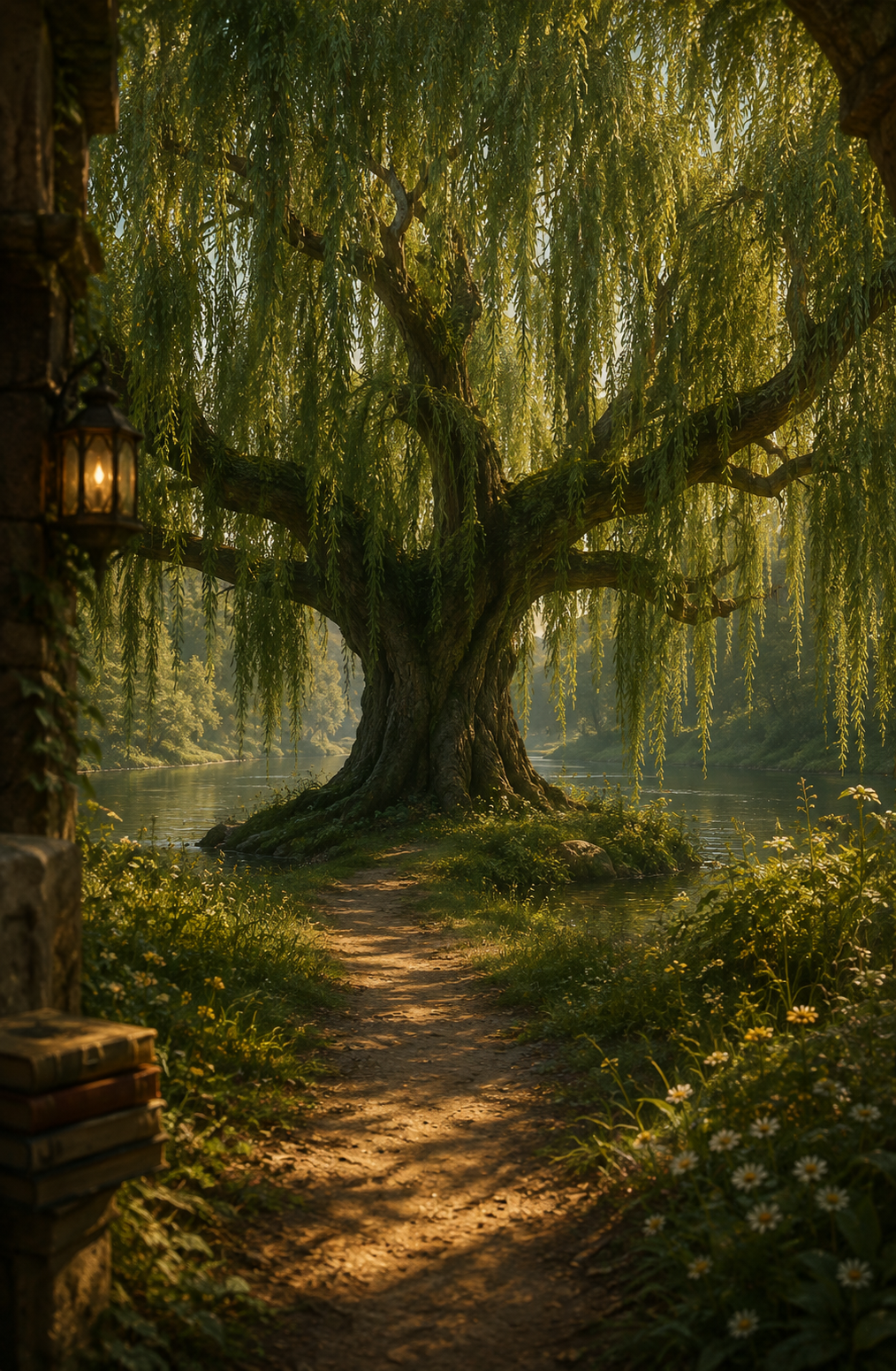 A sunlit path leading toward a mature willow tree beside the water