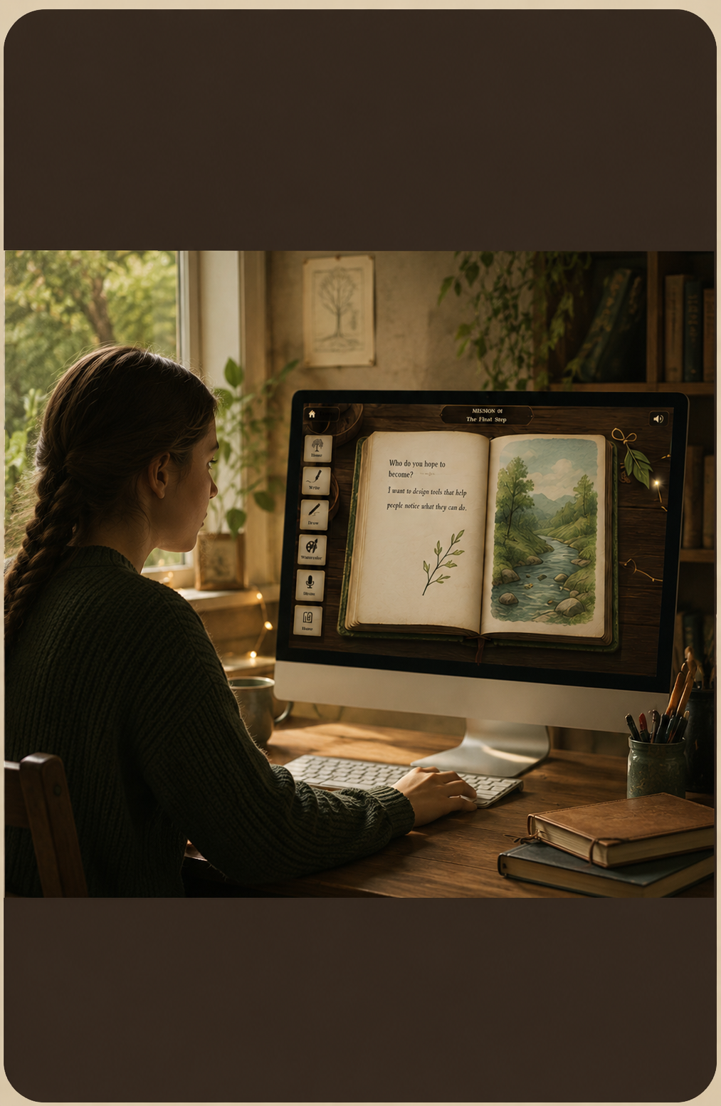 A learner using Mapmaker Online at a computer in a warm home workspace
