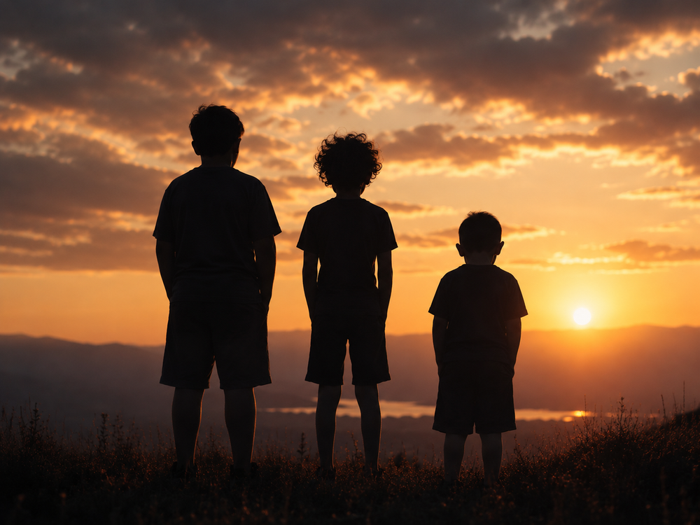 Three people silhouetted against a sunset sky